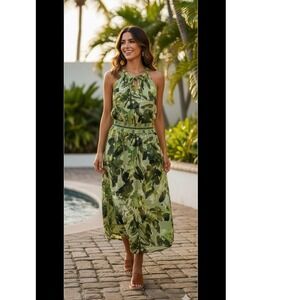 Democracy Green Tropical Leaf Print Smocked Waist Midi Dress BH5242Q53E 2X NEW